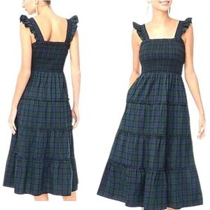 J.Crew Midi Dress Green Tartan Plaid Smocked Poplin Tiered XXS